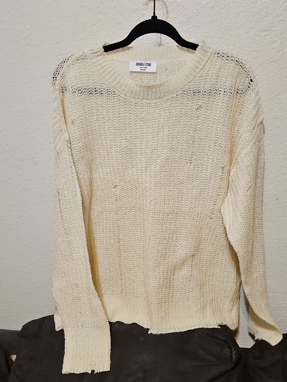 Double Zero Cream Distressed Open-Weave Crewneck Sweater